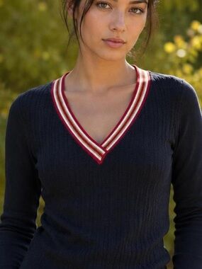 Women's Navy V-Neck Sweater with Red Stripe Trim S